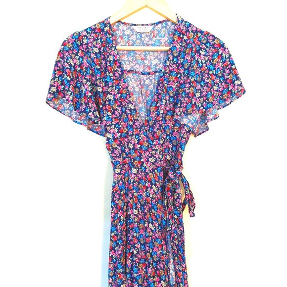 MISS Selfridge floral print blue wrap dress - Picture 2 of 3